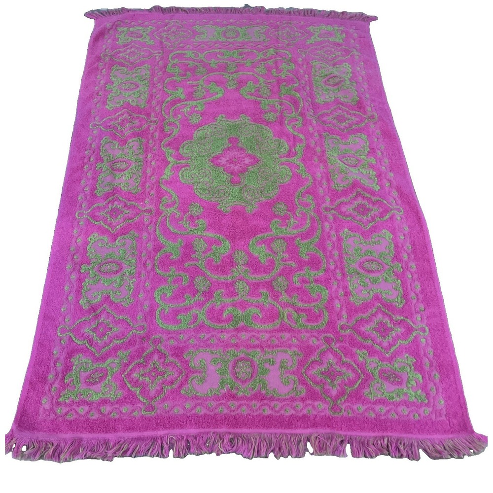 Vintage Grant Crest Pink & Green Bath Towel Reversible Retro Fringe USA Made